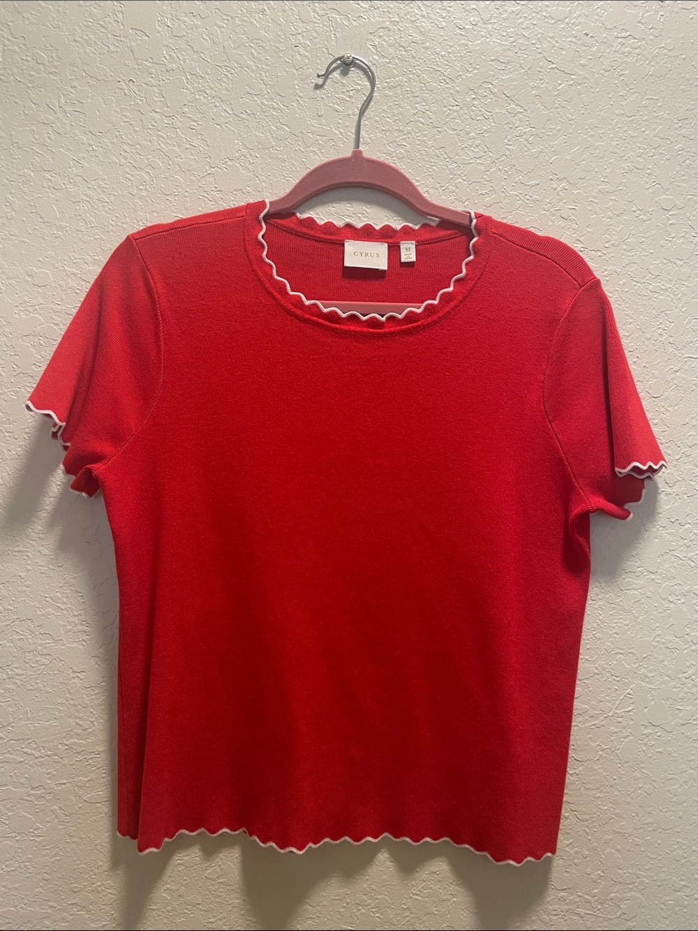 Cyrus Red Short Sleeve Top with White Scallop Trim